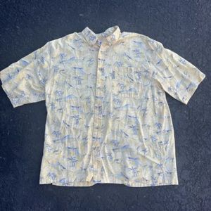 Columbia Mens L Camp Aloha Shirt Button Up Sharks Sunglasses- Yellow EUC